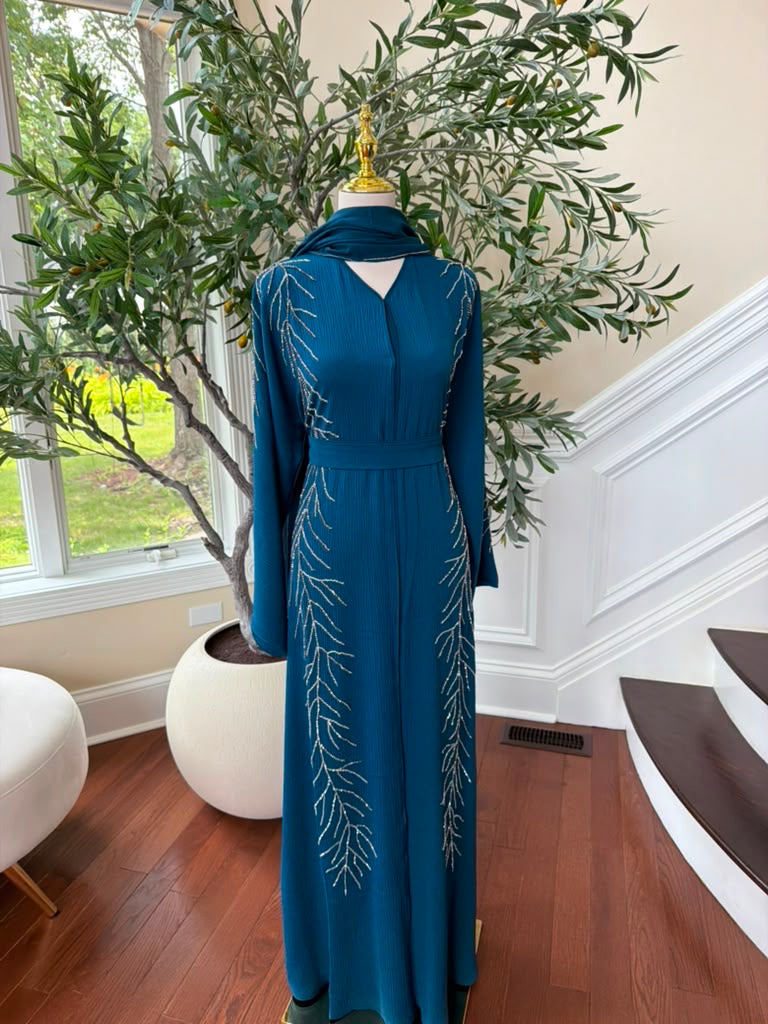 Sky Blue Beaded Elegance Abaya