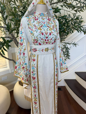 Elegant White Floral Embroidered Palestinian Thobe with Gold Detailing(scarf not included)