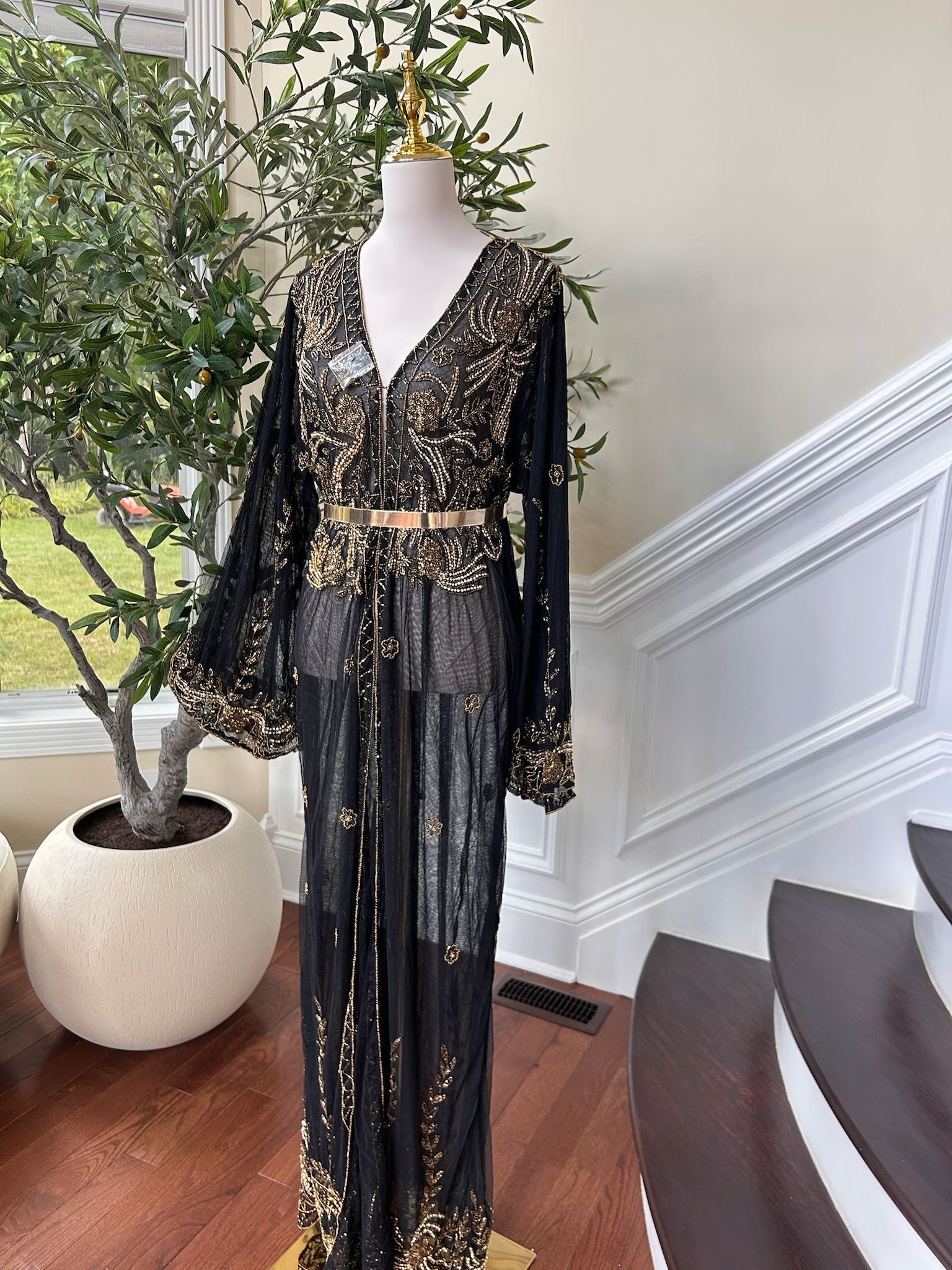 Elegant Designed Floral Golden Stone Cardigan Abaya