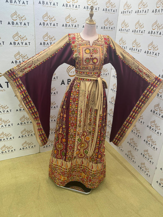 Traditional Palestinian Embroidered Thobe – Burgundy & Beige Heritage Dress