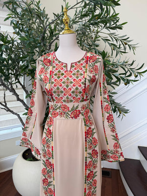 Beige Embroidery Rose Tatreez Thobe