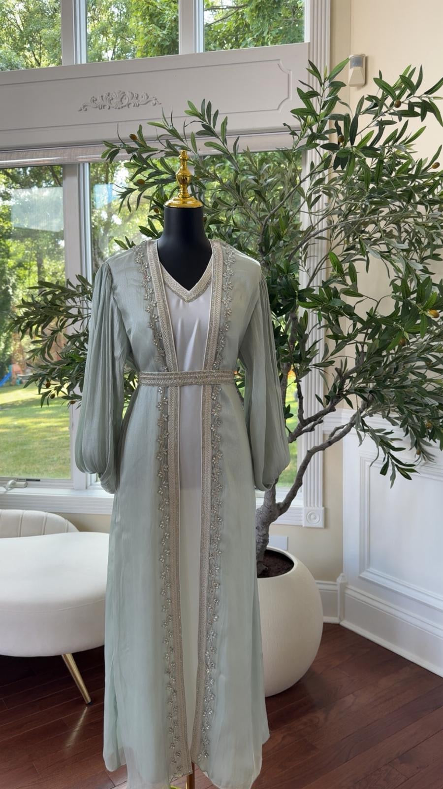 Sage Green Kuftan with Delicate Detail