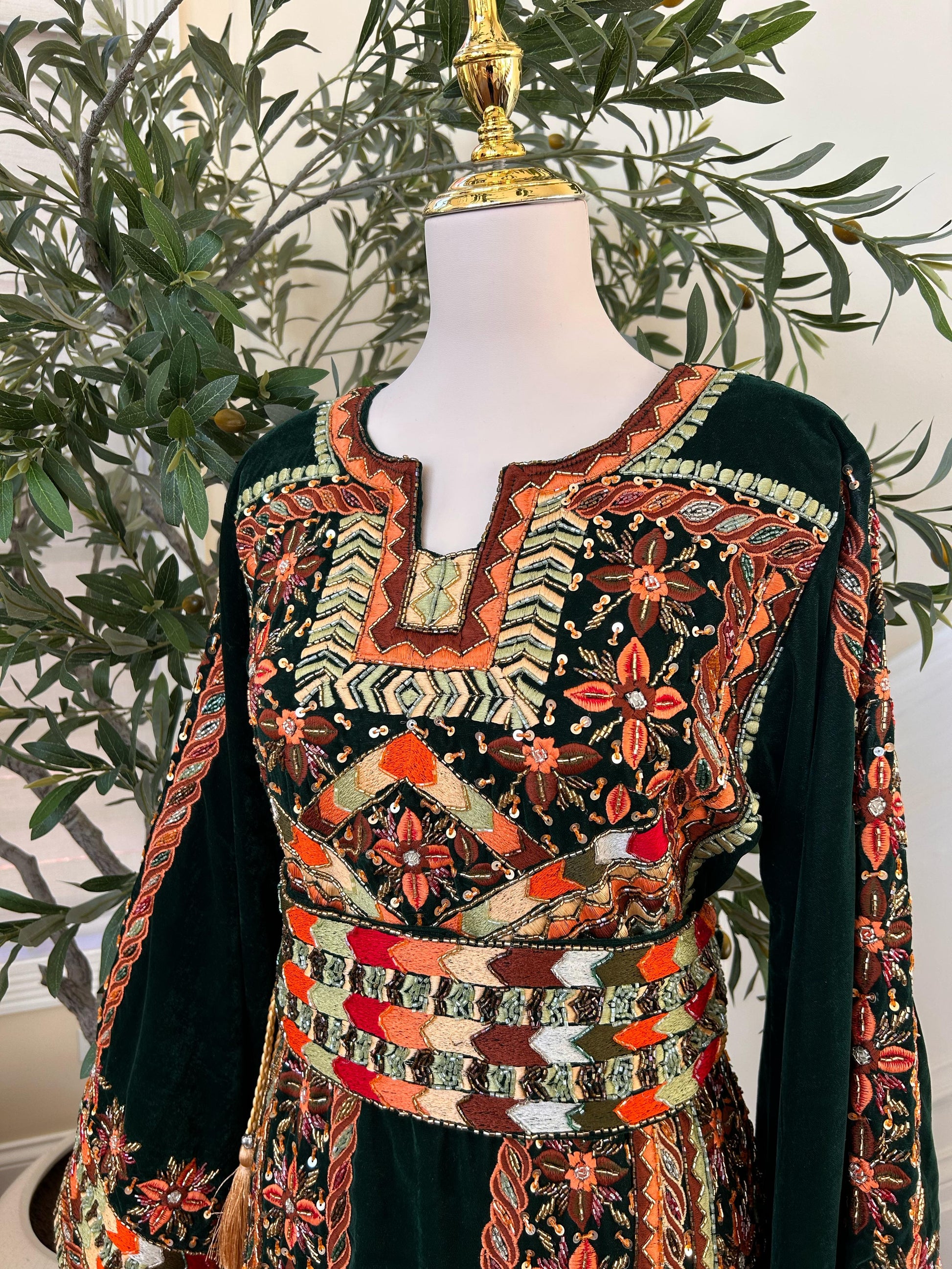 Green Velvet Handmade Embellished Beaded Thobe with Detachable Skirt