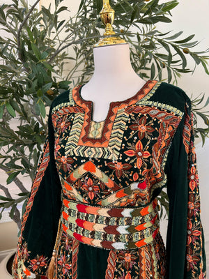 Green Velvet Handmade Embellished Beaded Thobe with Detachable Skirt