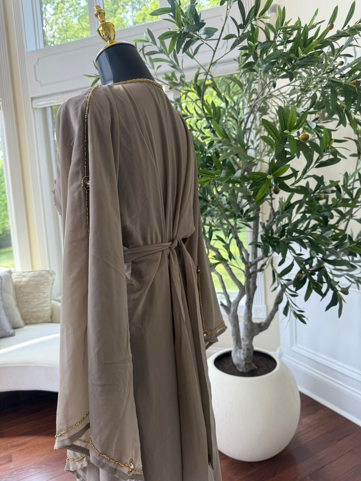 Taupe Beaded Kuftan Maxi Dress