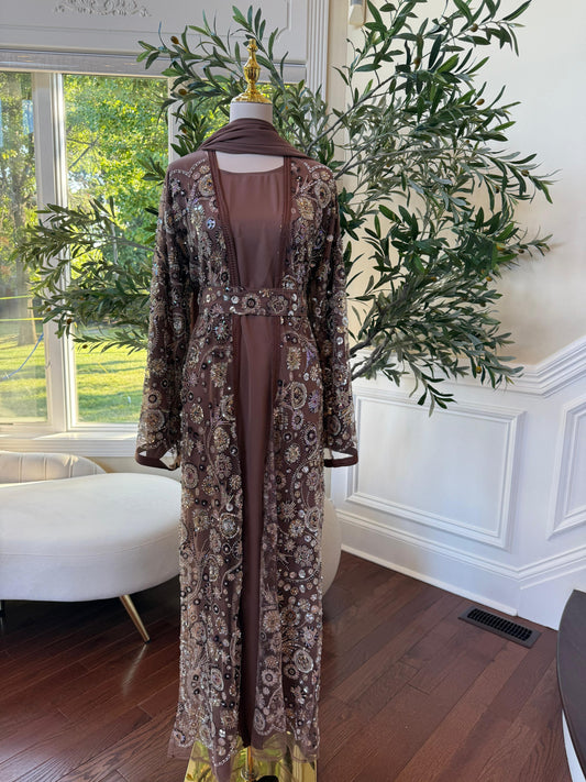 Mocha Crystal Sequin Abaya