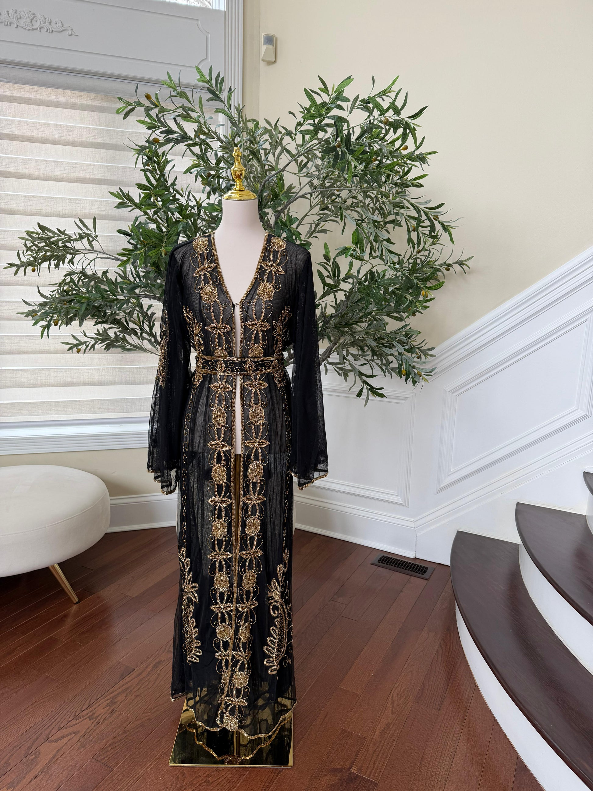 Gold Sequene Beaded Black Cardigan Abaya