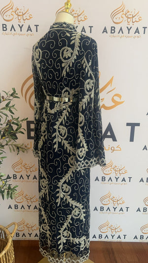 Navy Blue Beaded Two Piece Cardigan Abaya