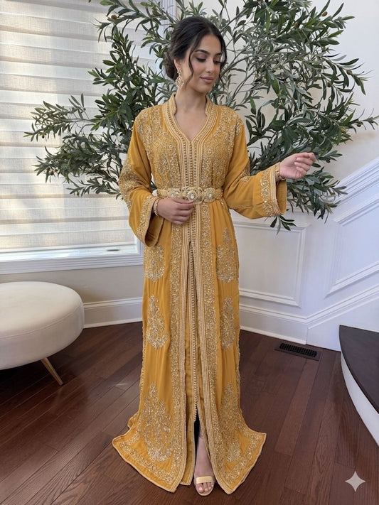 Yellow Embroidery Beaded Kuftan