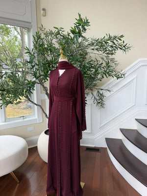 Burgundy Elegance Beaded Charm Abaya