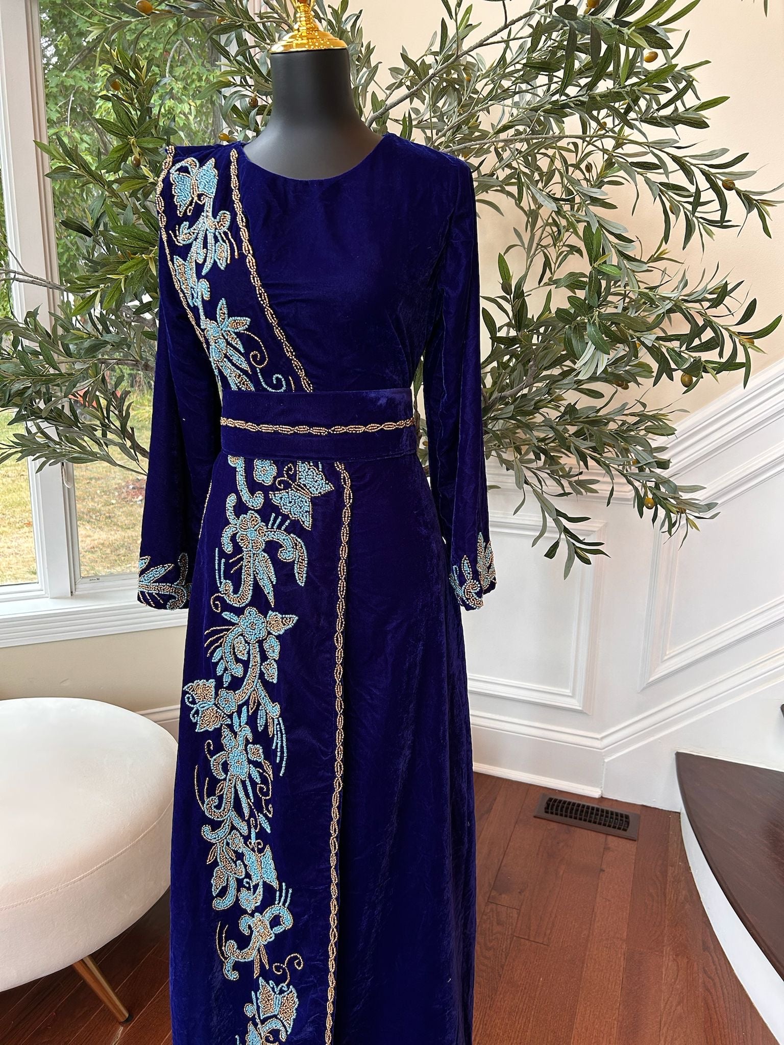 Blue Velvet Stone Charm Kuftan Dress