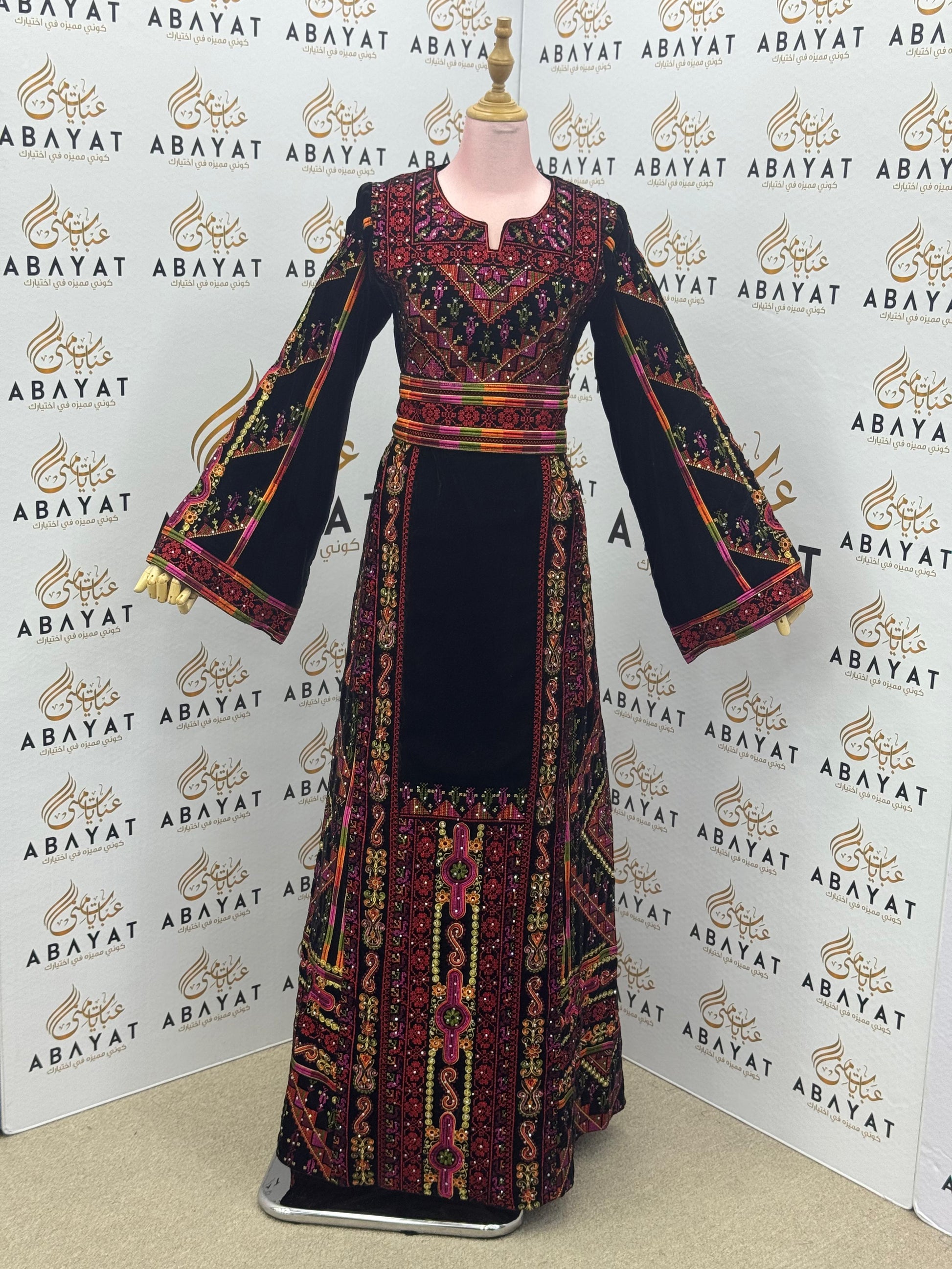 Palestinian Embroidered Thobe – Black Velvet with Multicolor Tatreez Detailing” A09012025