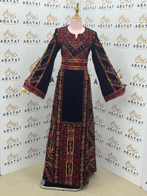 Palestinian Embroidered Thobe – Black Velvet with Multicolor Tatreez Detailing” A09012025