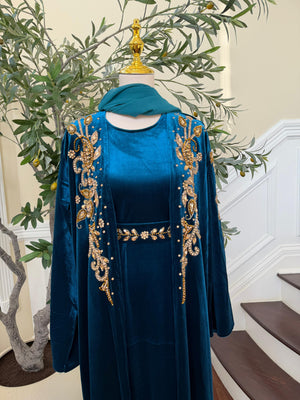 Turquoise Golden Crystal Two Piece Beaded Abaya