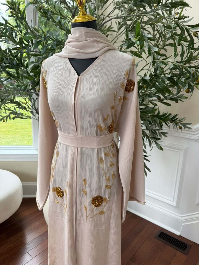 Cream Golden Floral Abaya