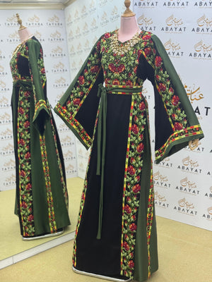 Palestinian Couture Thobe – Green Embroidered Panel