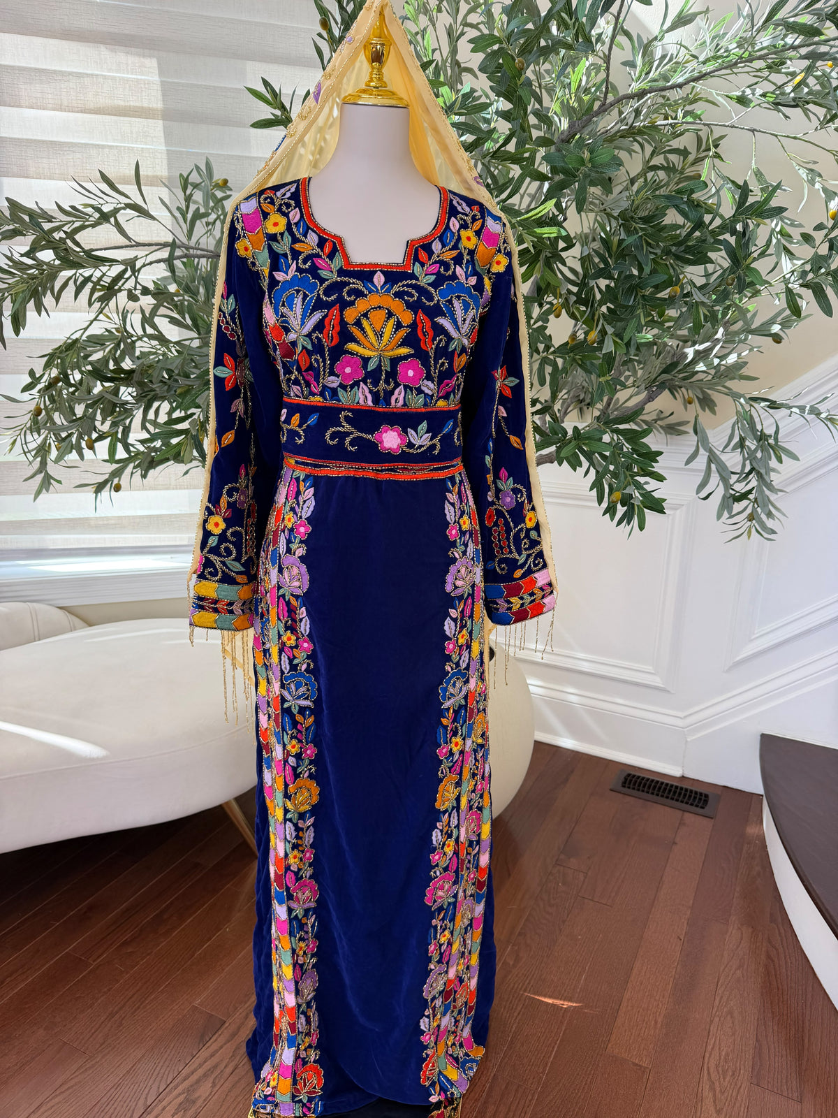 Royal Blue Velvet Palestinian Thobe with Colorful Floral Embroidery – Scarf Not Included