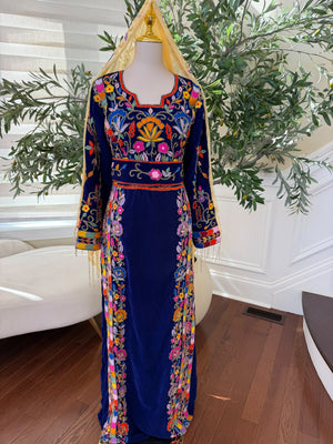 Royal Blue Velvet Palestinian Thobe with Colorful Floral Embroidery – Scarf Not Included