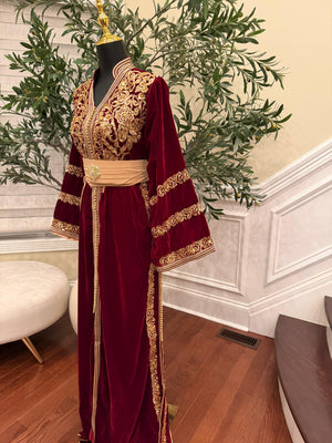 Red Majestic Velvet Kuftan with Golden Embellishment