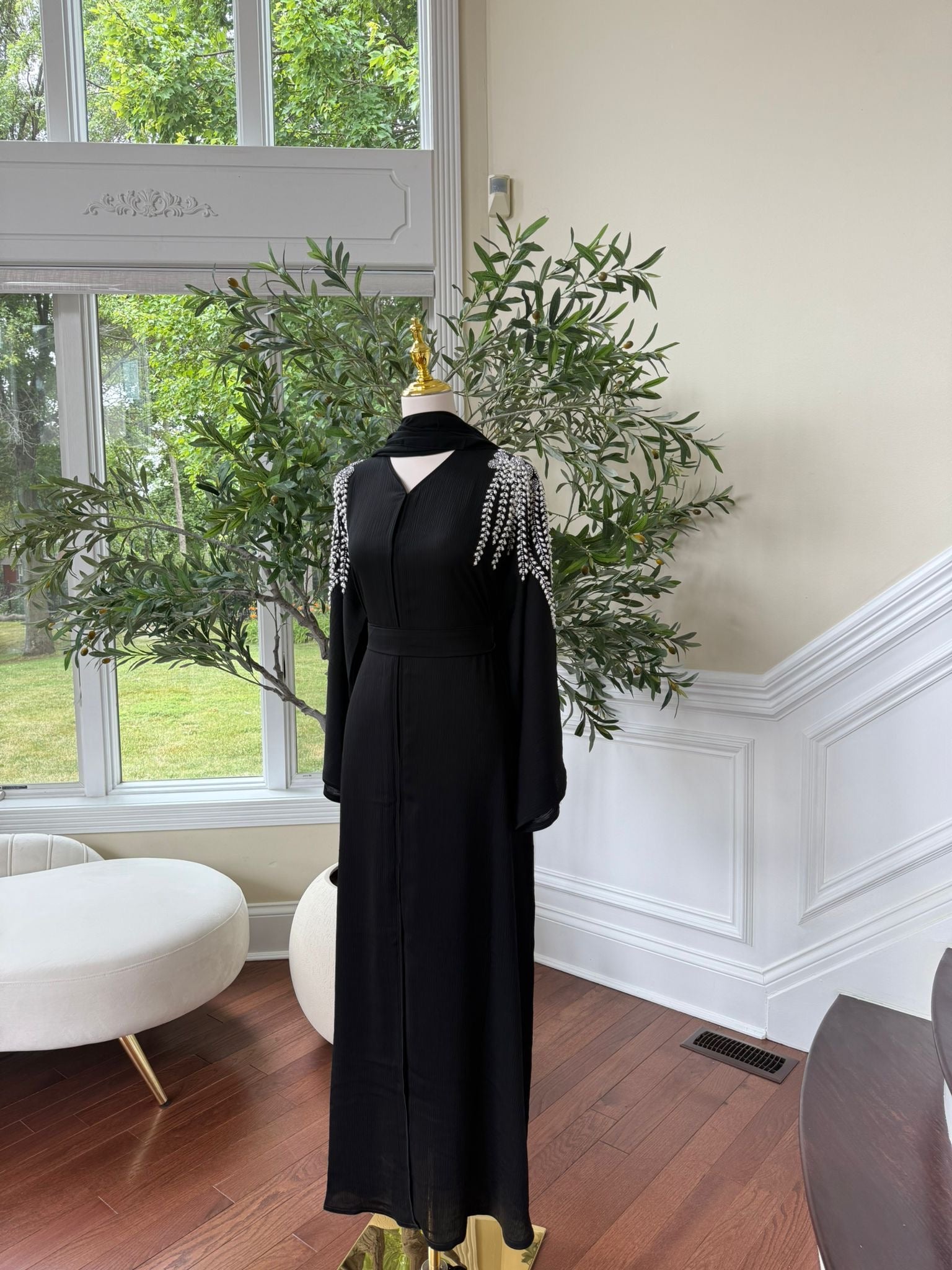 Black Sleeve Stone Charm Abaya