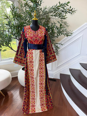 Cream Embroidery Tatreez Blue Sabal Kharaz Thobe