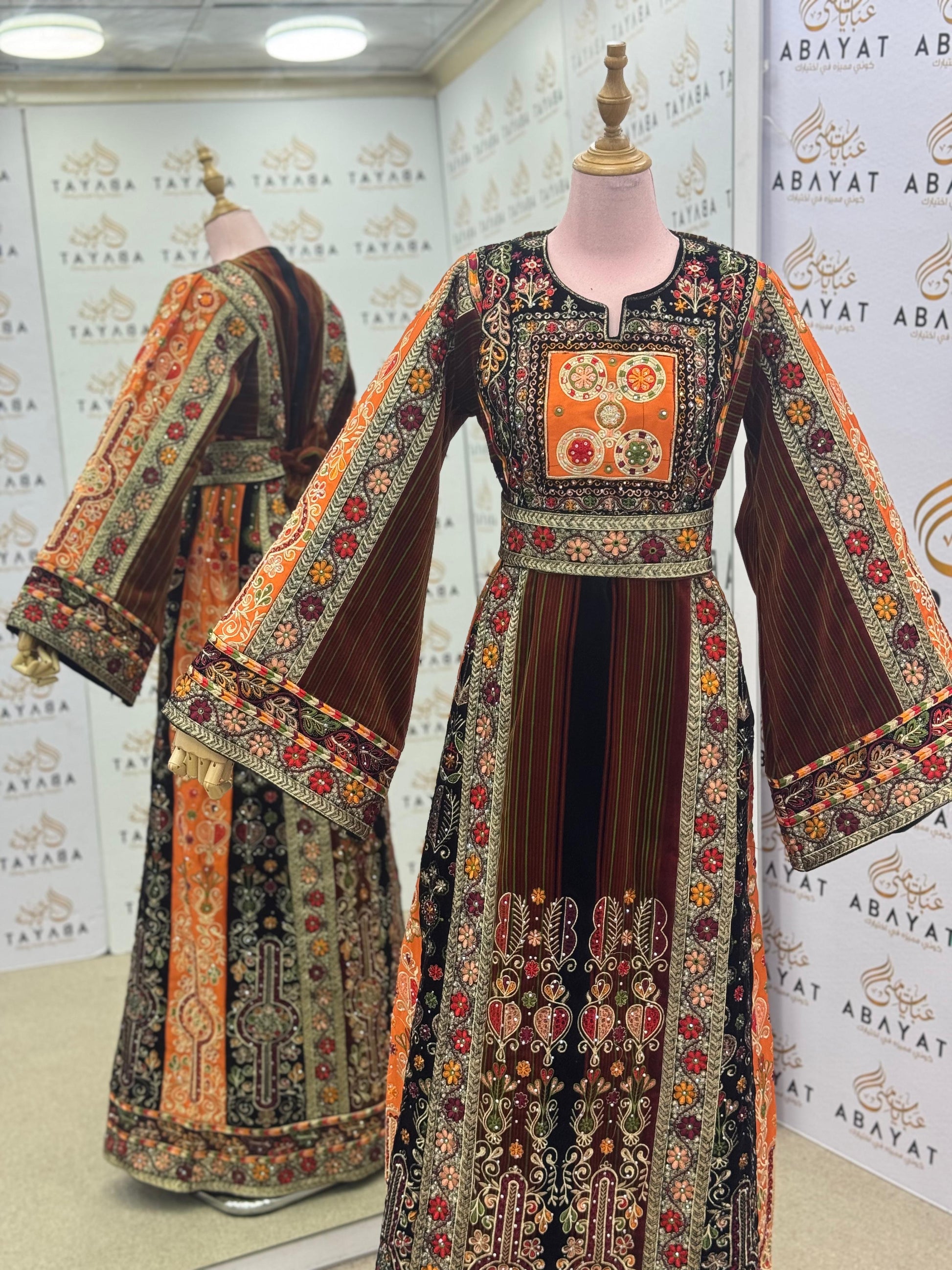 Premium Palestinian Velvet Thobe – Orange & Olive Tatreez Jana & Nar