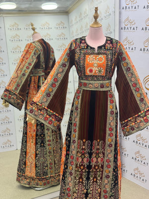 Premium Palestinian Velvet Thobe – Orange & Olive Tatreez Jana & Nar