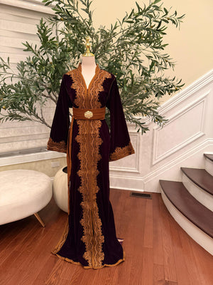 Autumn Ember Maroon Velvet Kuftan with Brown Embellishments