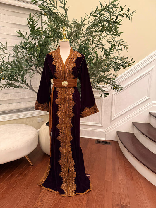Autumn Ember Maroon Velvet Kuftan with Brown Embellishments