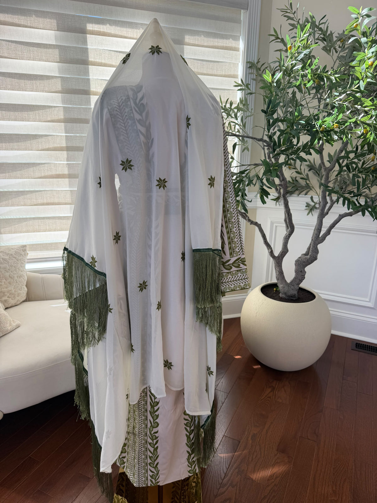 Cream & Olive Green Embroidered Fringe Scarf/Shawl