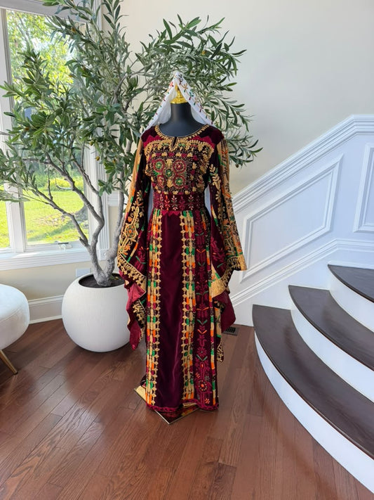 Burgundy Velvet Embroidery Tatreez Thobe