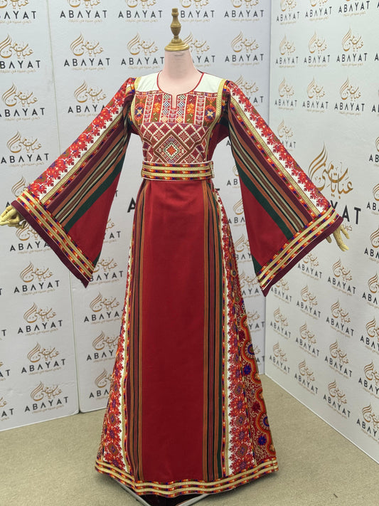 Palestinian Thobe – Red with Multicolor Embroidery & Stripes A09092025