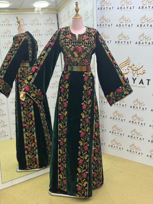Luxury Emerald Green Velvet Thobe – Floral Embroidery