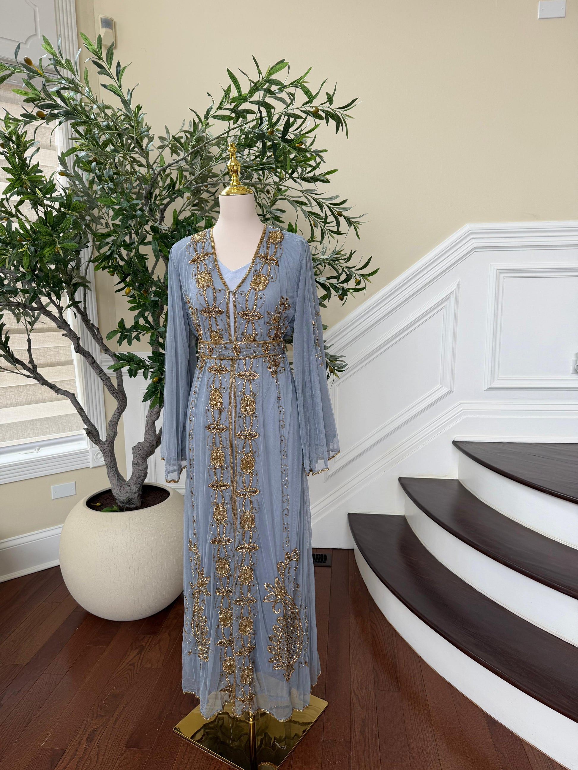 Baby Blue Golden Stone Cardigan Abaya