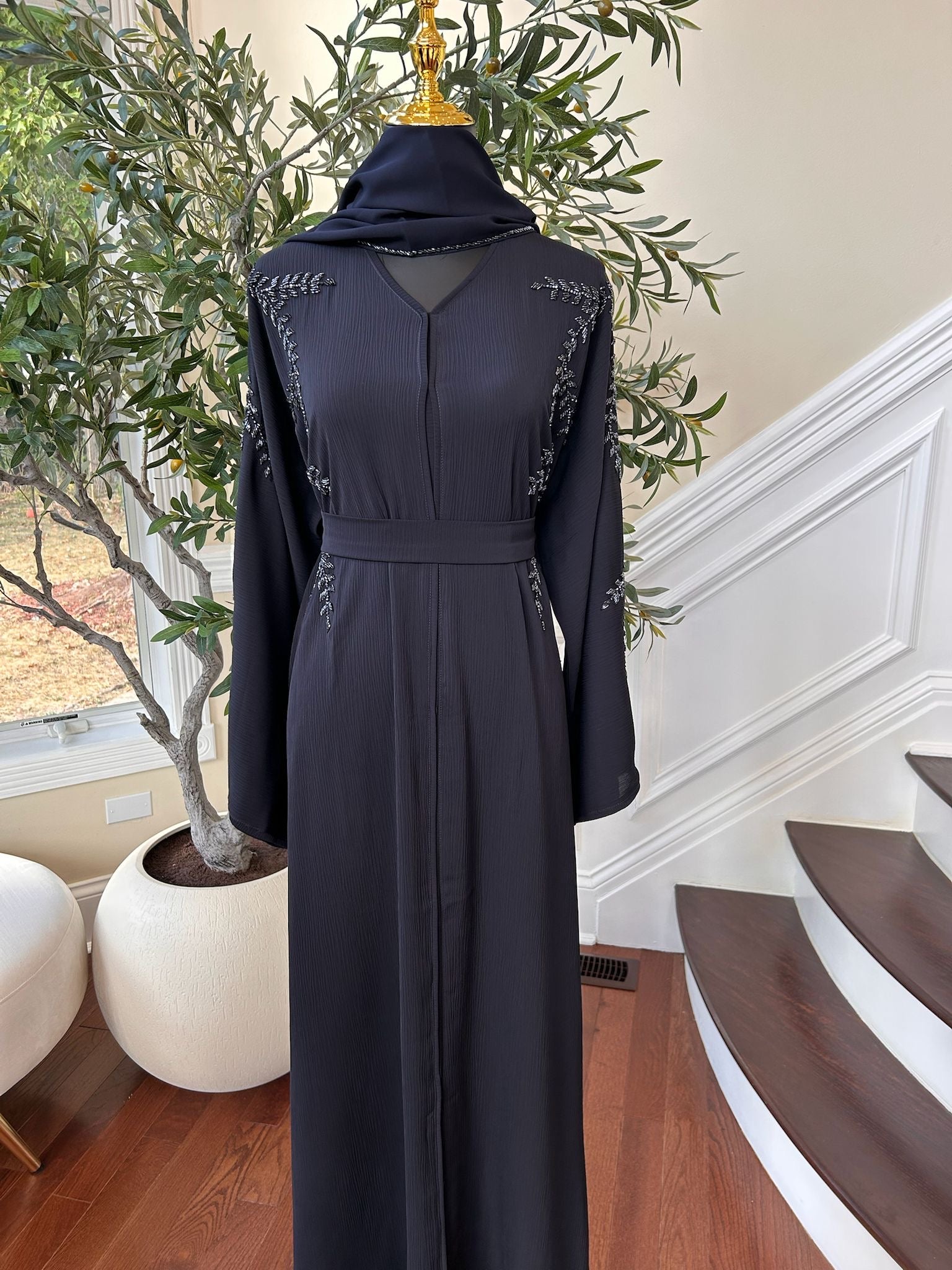Navy Blue Rose Floral Abaya