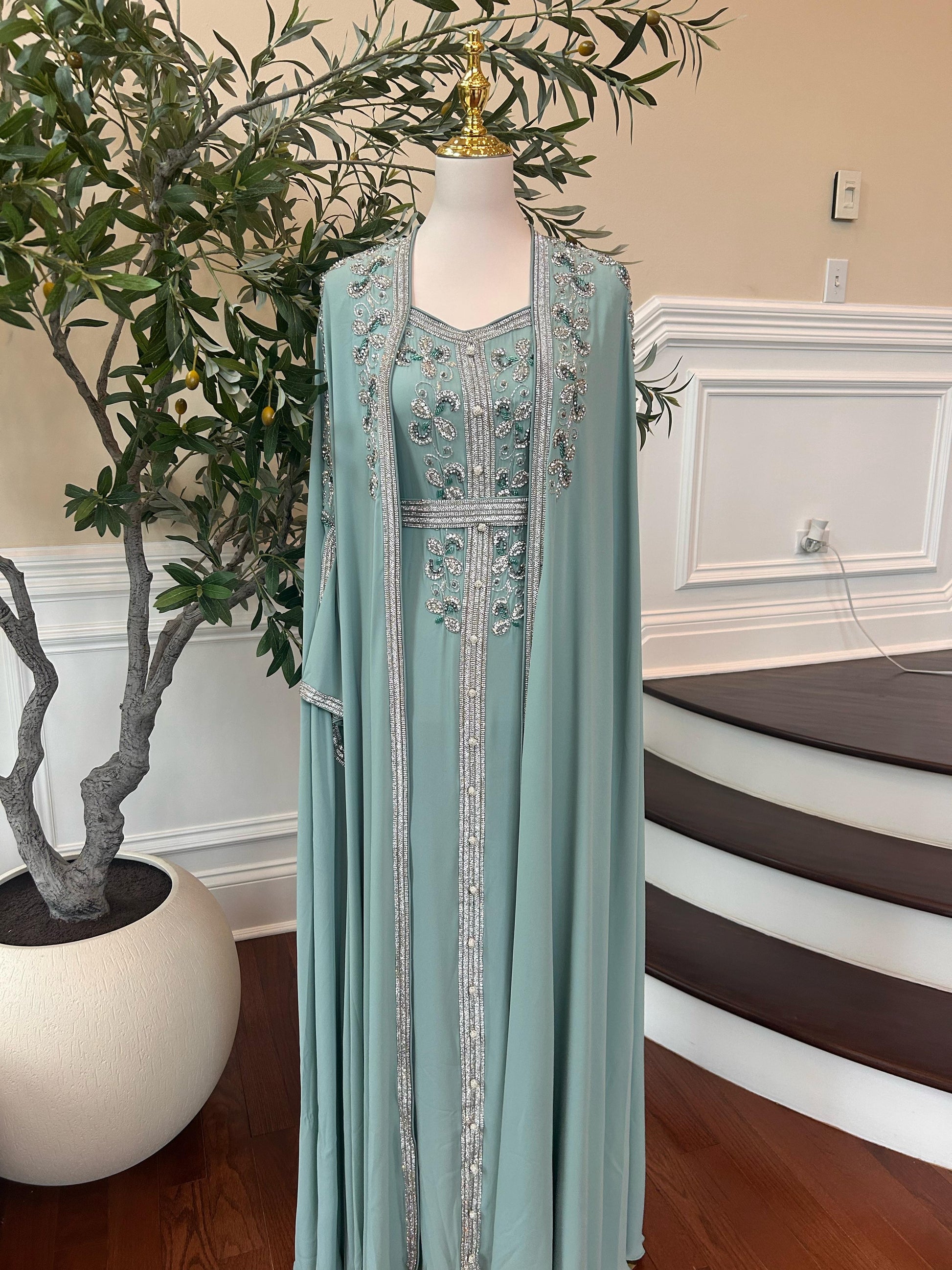 Mint Blue Silver Stone Elegance Kuftan