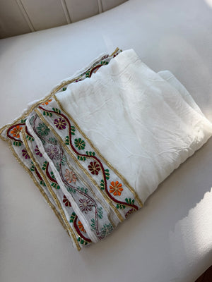Elegant White Scarf with Colorful Floral Embroidery and Gold Trim