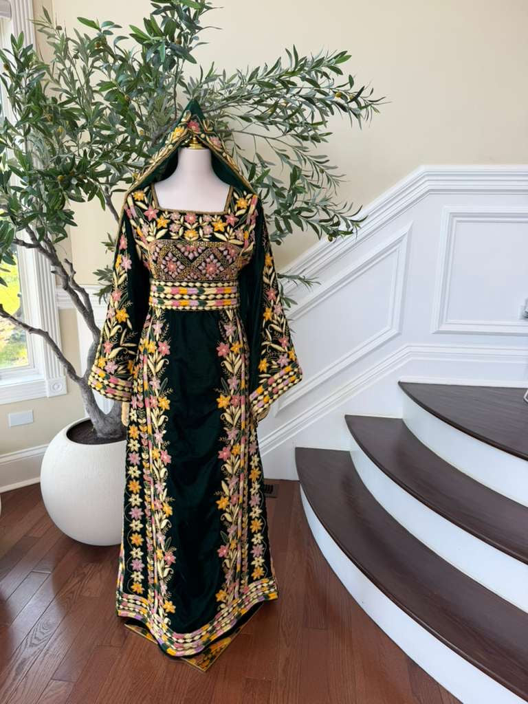 Velvet Green Embroidery Stone Beaded Thobe