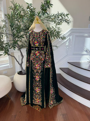 Elegant Black Palestinian Thobe with Colorful Floral Embroidery and Detachable Shoulder Cape (scarf not included)