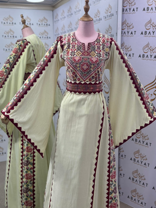 Heritage Thobe – Burgundy & Rose Floral Palestinian Embroidery