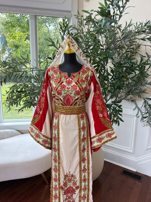 Elegant Cream and Red Thobe with Gold Floral Embroidery(scarf not included)