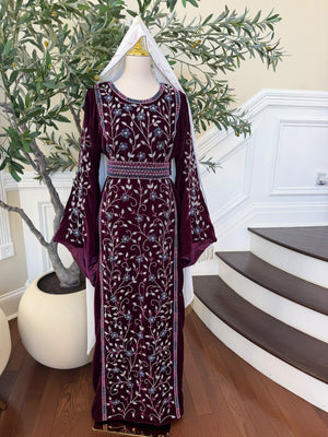Elegant Burgundy Velvet Thobe with Blue and Silver Floral Embroidery (scarf not included)