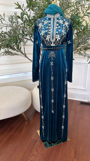 Turquoise Crystal Velvet Design Elegance Abaya