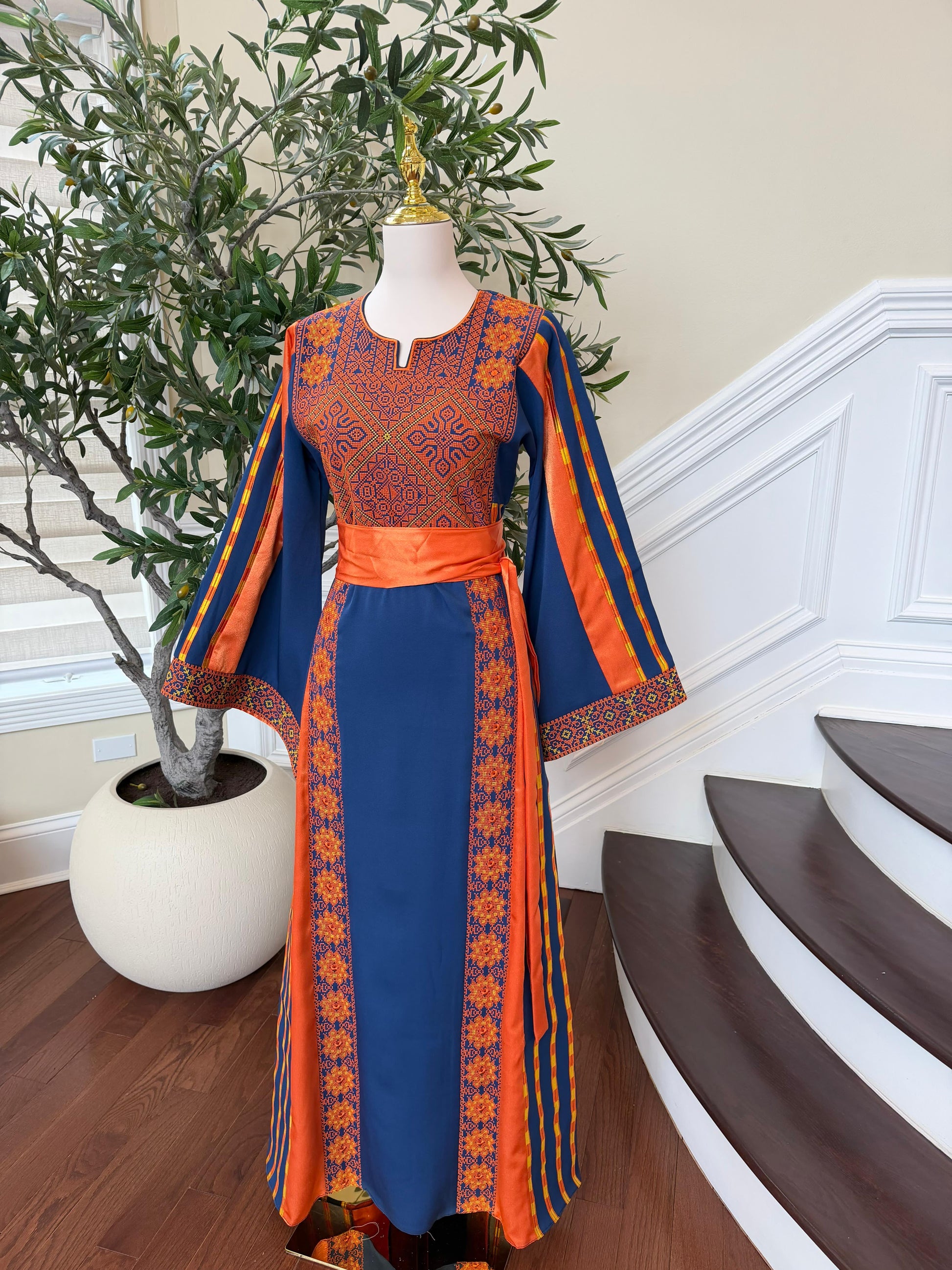 Navy Blue Embroidery Tatreez Orange Thobe