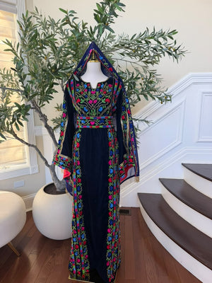 Elegant Navy Blue Velvet Palestinian Thobe with Vibrant Multicolor Floral Embroidery(scarf not included)