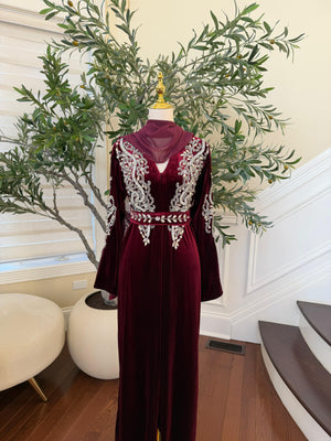 Red Velvet Beaded Stone Charm Abaya