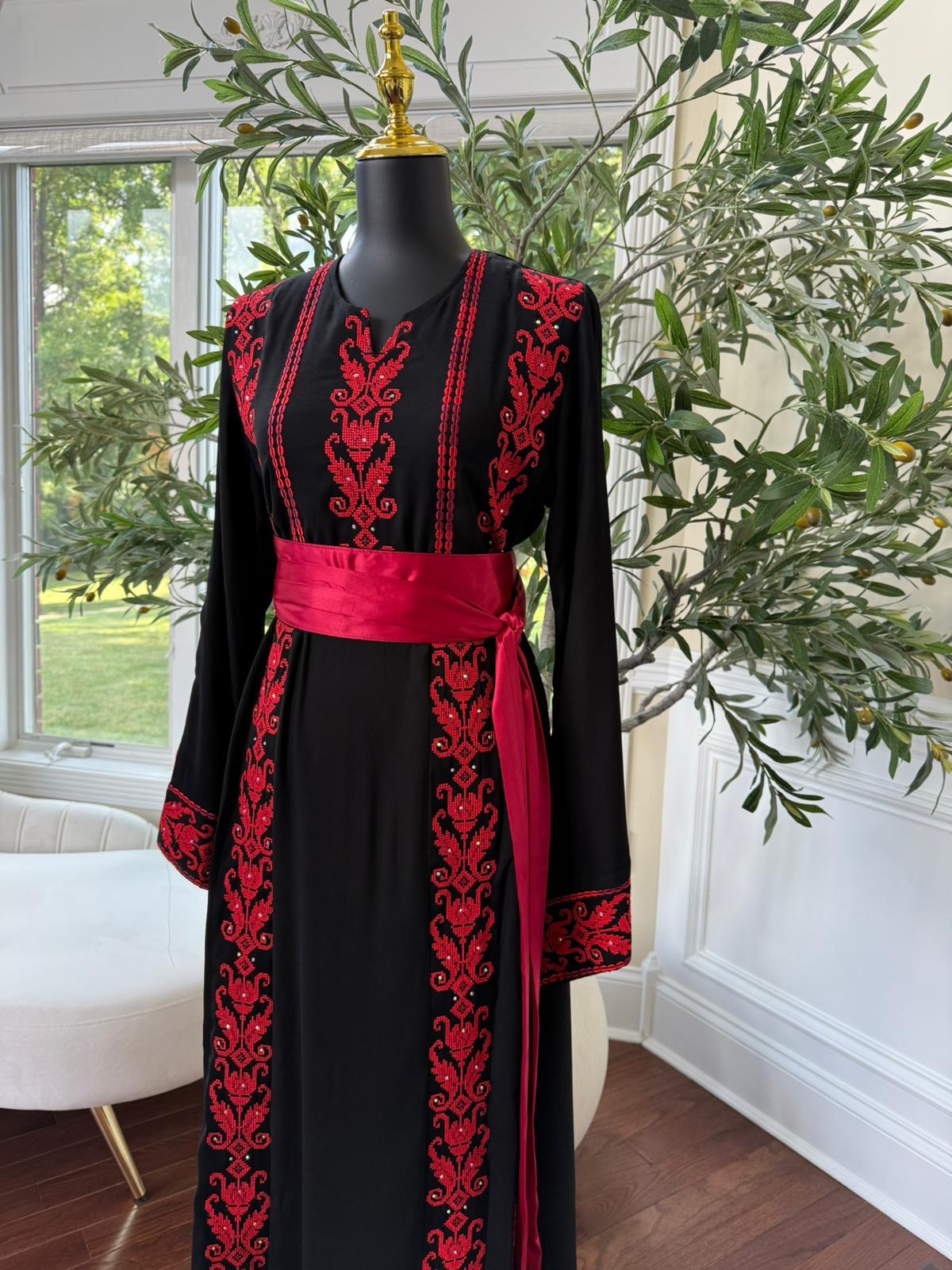 Red Embroidery Black Tatreez Thobe