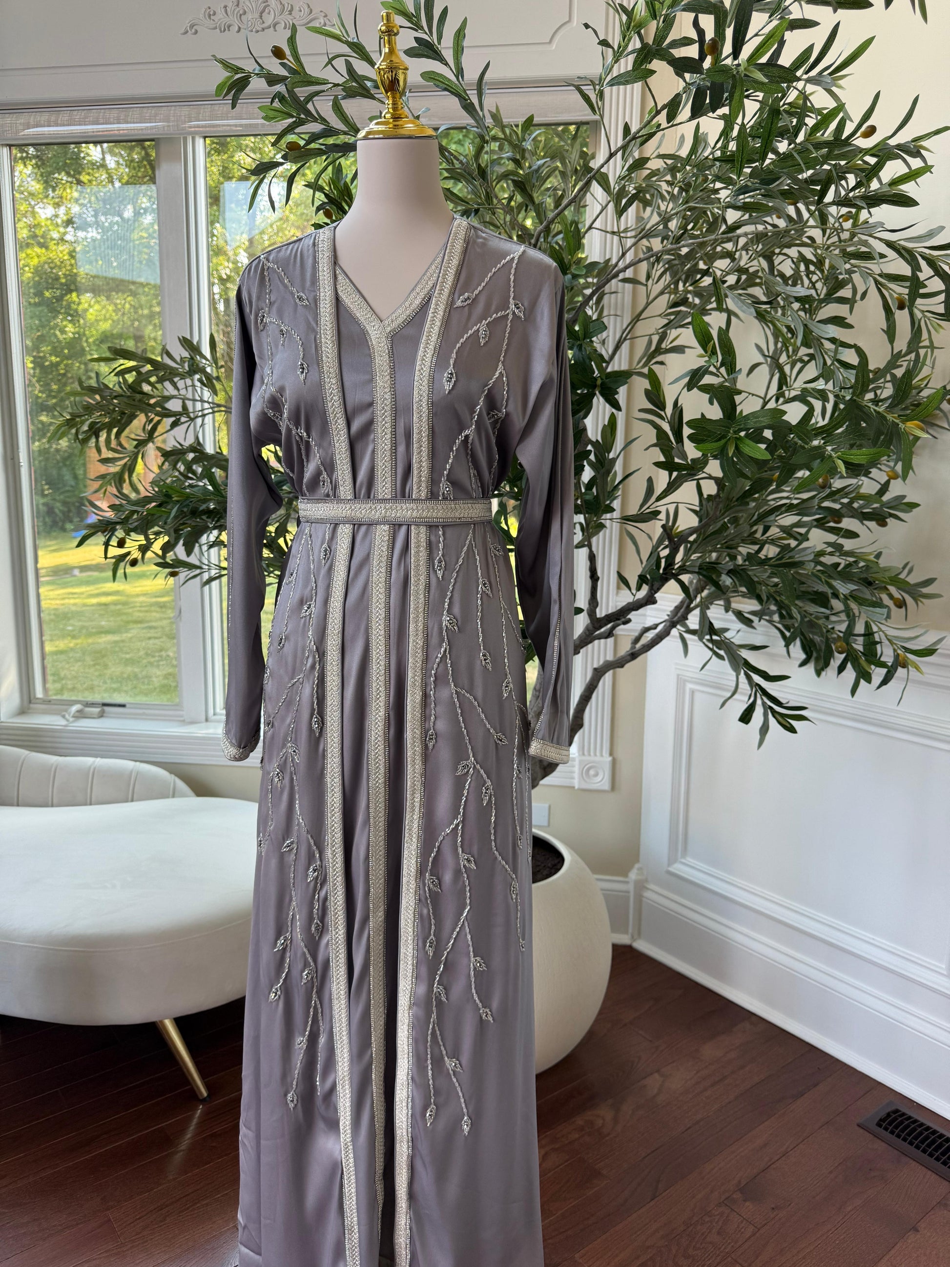 Grey Floral Two Piece Kuftan