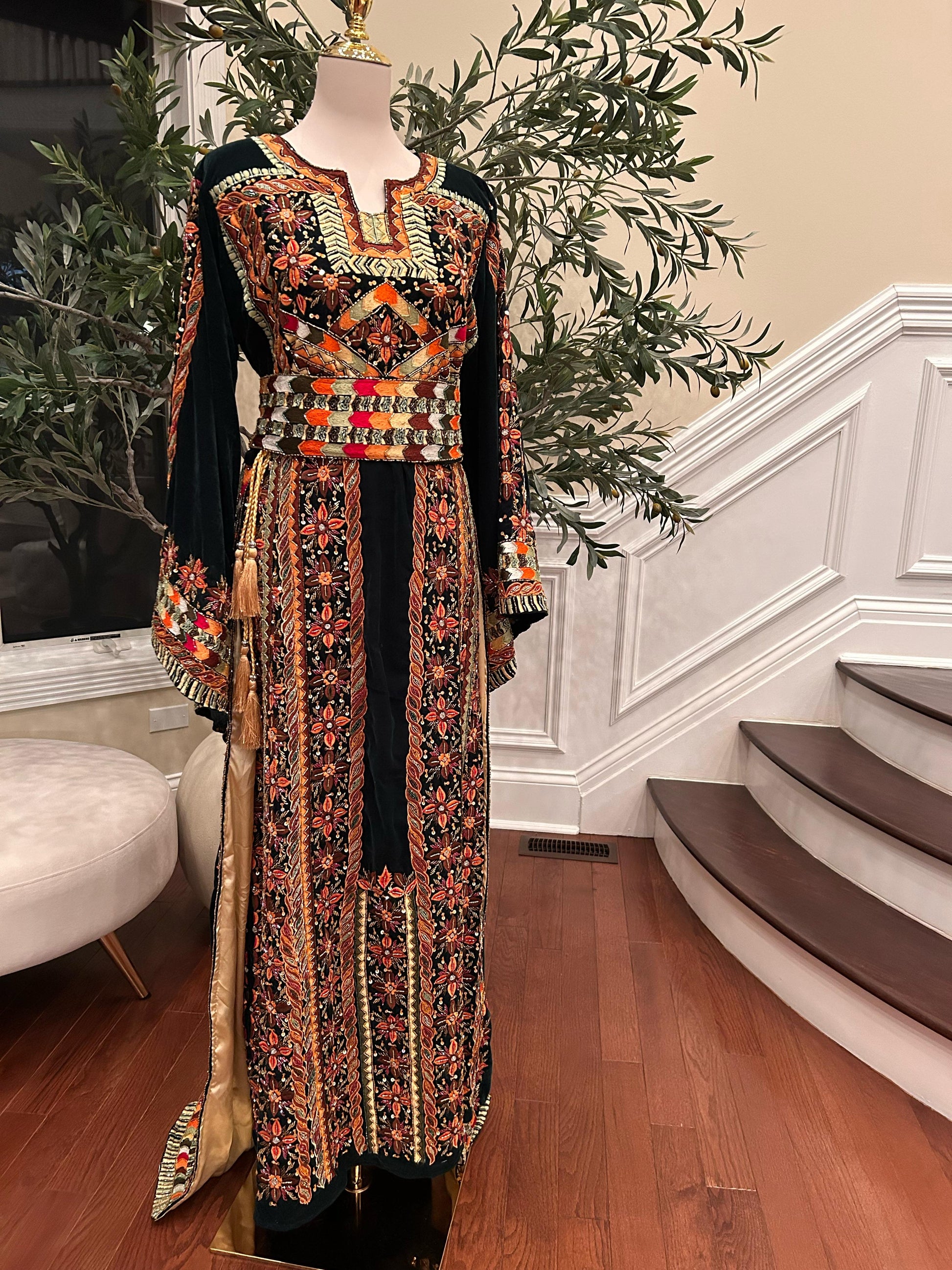 Green Velvet Handmade Embellished Beaded Thobe with Detachable Skirt