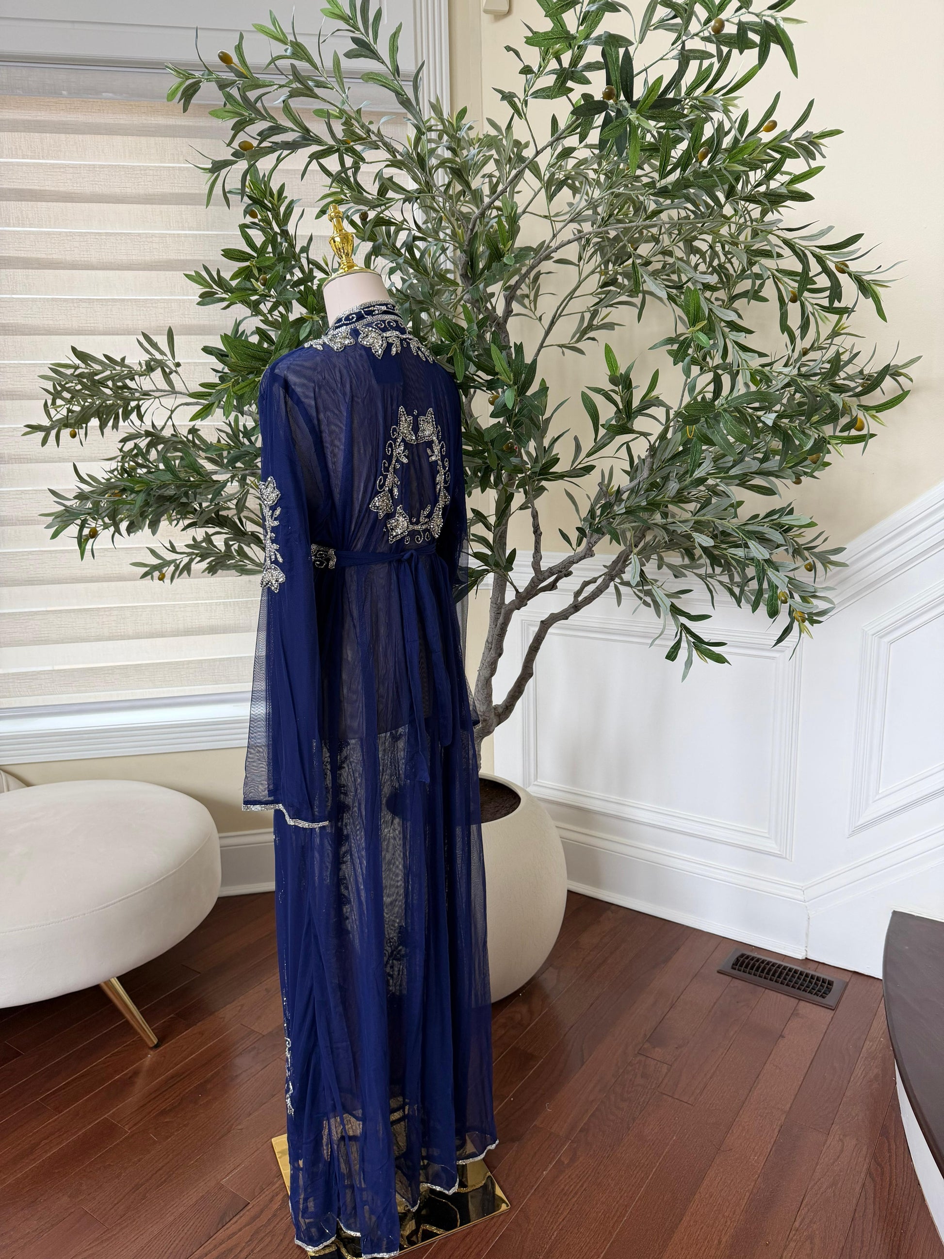 Navy Blue Silver Stone Cardigan Abaya